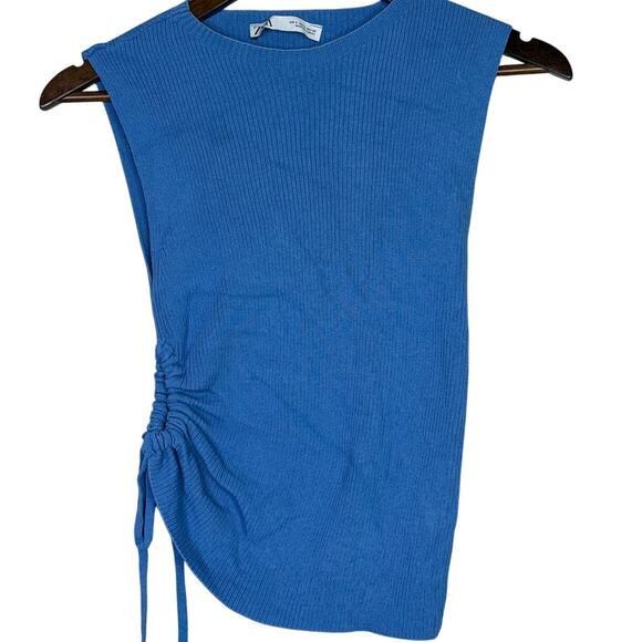 Zara Sleeveless Side Key Hole Tie Ruched Ribbed Tank Top Crop Tank Top S Blue - Picture 2 of 15